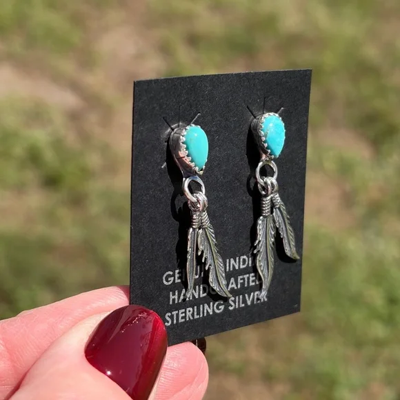 Native American Made Sterling Turquoise Feather Earrings - Picture 5 of 8
